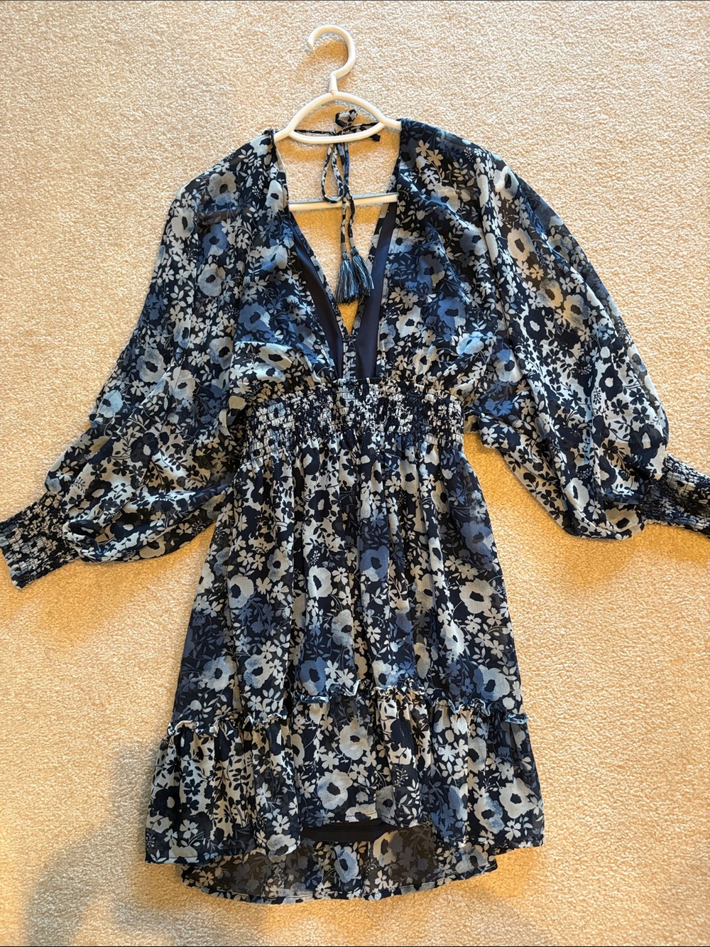 lovestitch Navy and Light Blue Floral Long Sleeve Mini Dress